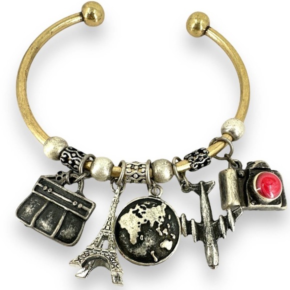 Charm Cuff Bracelet Eiffel Tower Europe Vacation Silver Tone Charms - Picture 1 of 6